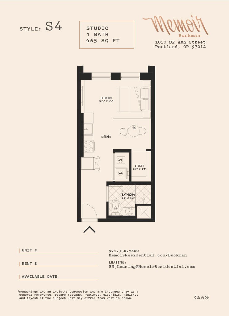Floor plan for studio, 1 bath, 457 sqft