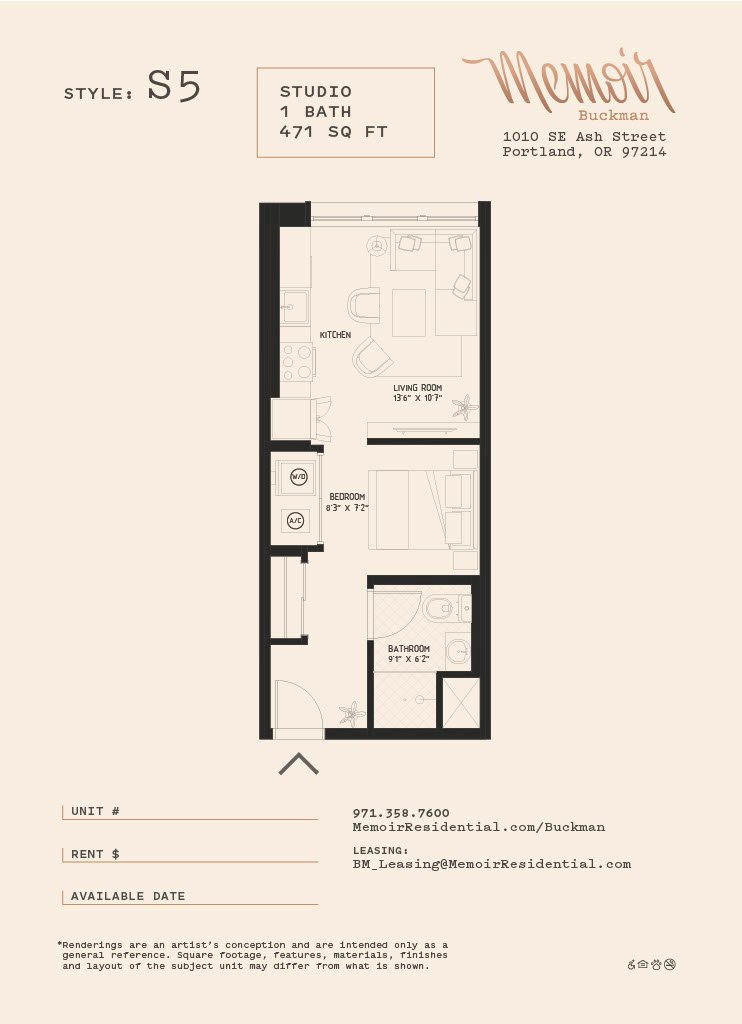 Floor plan for studio, 1 bath, 471 sqft