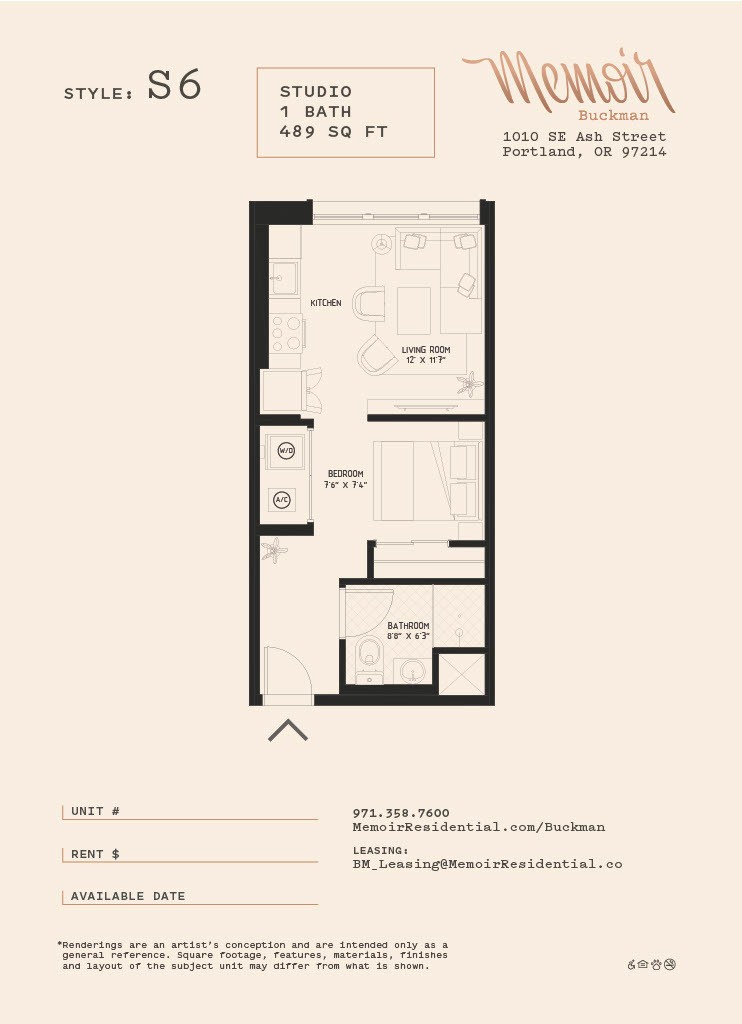Floor plan for studio, 1 bath, 526 sqft