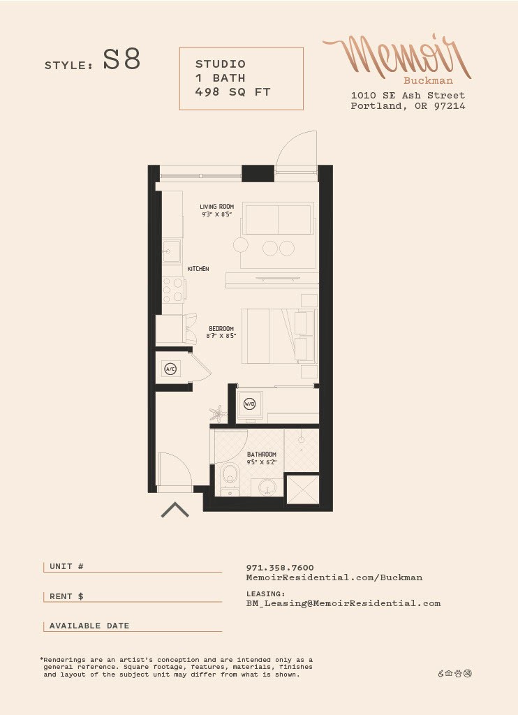 Floor plan for studio, 1 bath, 472 sqft