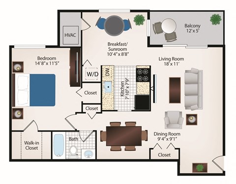 Floor plan for 1 bed, 1 bath, 805 sqft