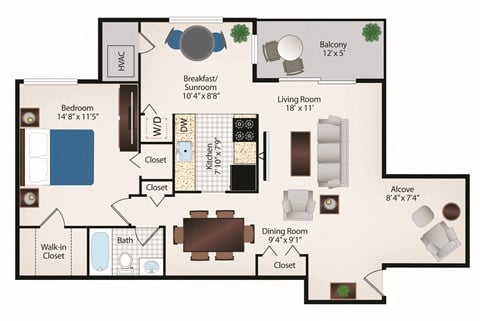 Floor plan for 1 bed, 1 bath, 874 sqft