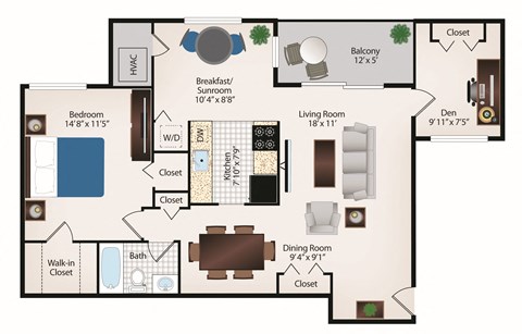 Floor plan for 1 bed, 1 bath, 882 sqft
