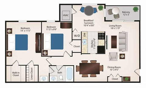 Floor plan for 2 beds, 1 bath, 978 sqft