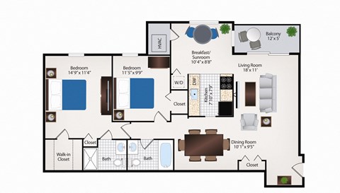 Floor plan for 2 beds, 2 baths, 1009 sqft