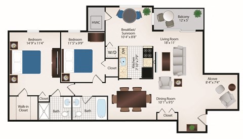 Floor plan for 2 beds, 2 baths, 1178 sqft