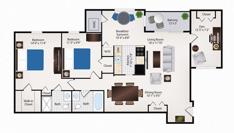Floor plan for 2 beds, 2 baths, 1185 sqft