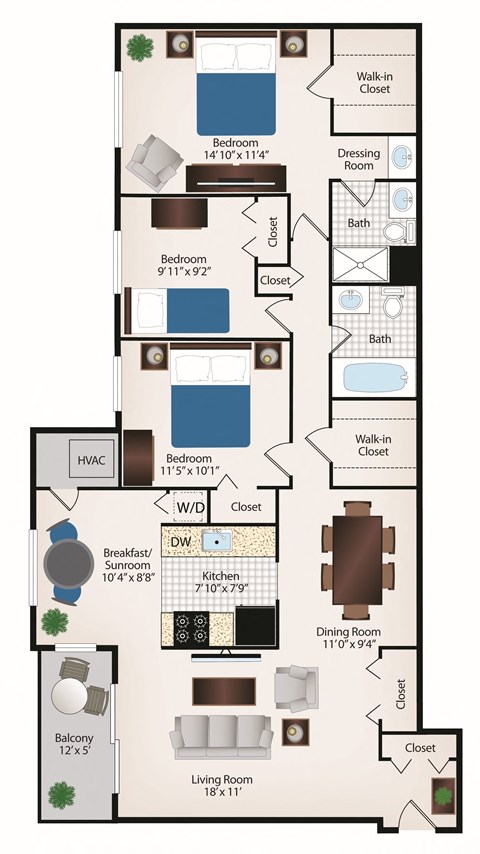 Floor plan for 3 beds, 2 baths, 1196 sqft