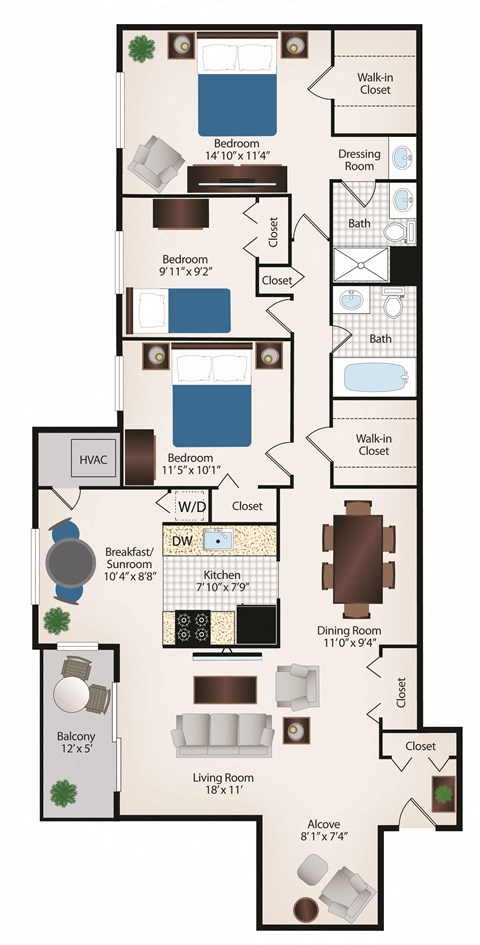 Floor plan for 3 beds, 2 baths, 1296 sqft