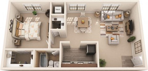 Floor plan for 1 bed, 1 bath, 850 sqft