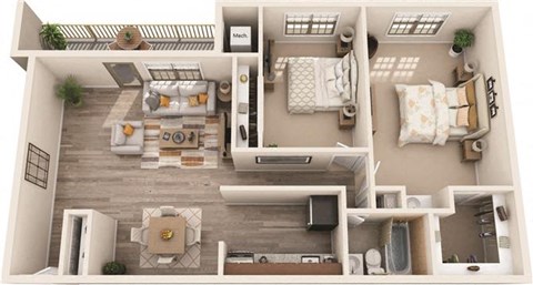 Floor plan for 2 beds, 1.3 baths, 950 sqft
