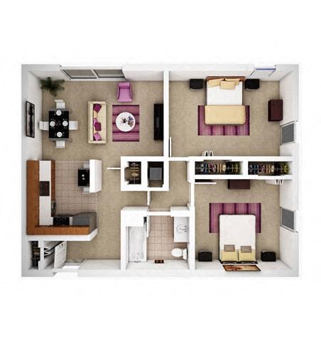 Floor plan for 2 beds, 1 bath, 901 sqft