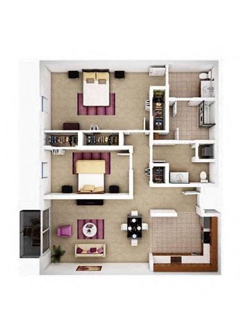 Floor plan for 2 beds, 1.5 baths, 898 sqft