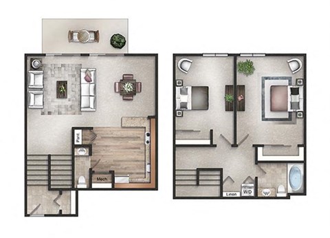 Floor plan for 2 beds, 1.5 baths, 964 sqft