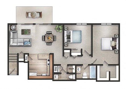 Floor plan for 2 beds, 1.5 baths, 810 sqft