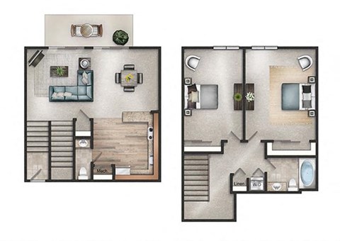 Floor plan for 2 beds, 1.5 baths, 932 sqft