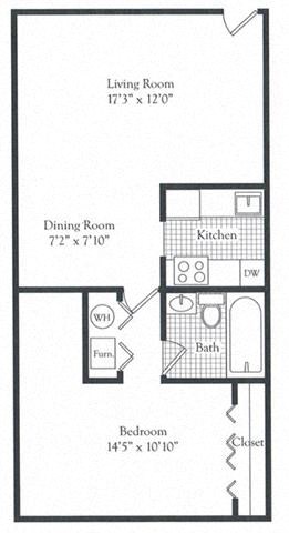 Floor plan for 1 bed, 1 bath, 710 sqft