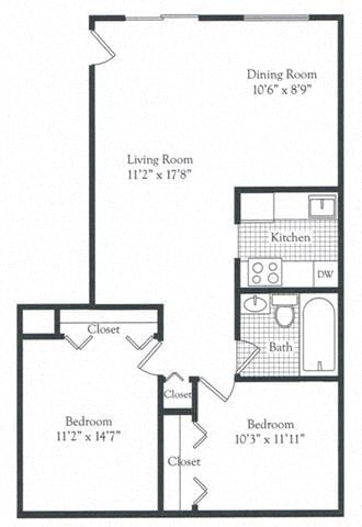 Floor plan for 2 beds, 1 bath, 865 sqft