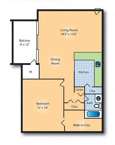 Floor plan for 1 bed, 1 bath, 700 sqft