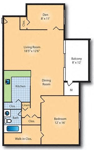 Floor plan for 1 bed, 1 bath, 866 sqft