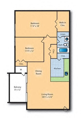 Floor plan for 2 beds, 1 bath, 950 sqft