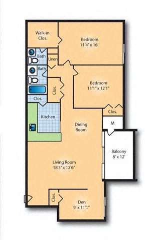 Floor plan for 2 beds, 1.5 baths, 1075 sqft