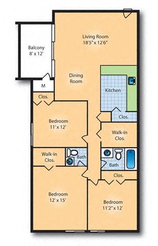 Floor plan for 3 beds, 1.5 baths, 1124 sqft