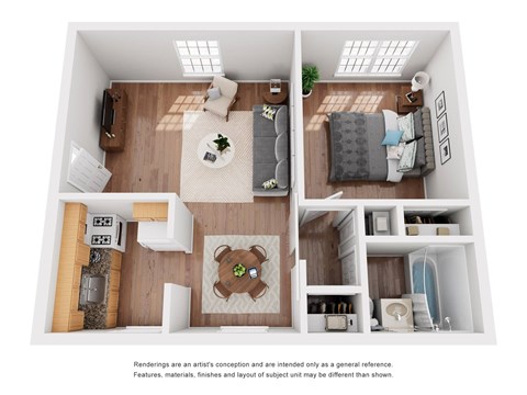 Floor plan for 1 bed, 1 bath, 622 sqft