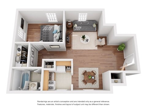 Floor plan for 1 bed, 1 bath, 622 sqft
