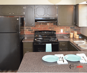Memphis apartment for rent - a kitchen with gray cabinets and black appliances