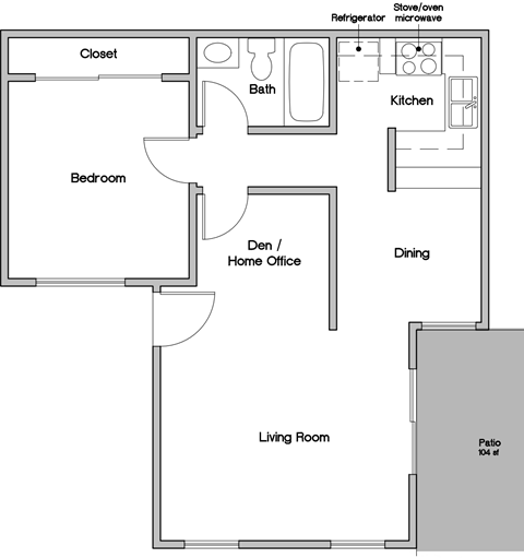 Floor plan for 1 bed, 1 bath, 592 sqft
