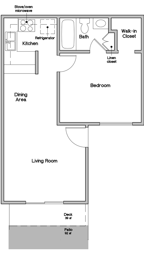Floor plan for 1 bed, 1 bath, 507 sqft