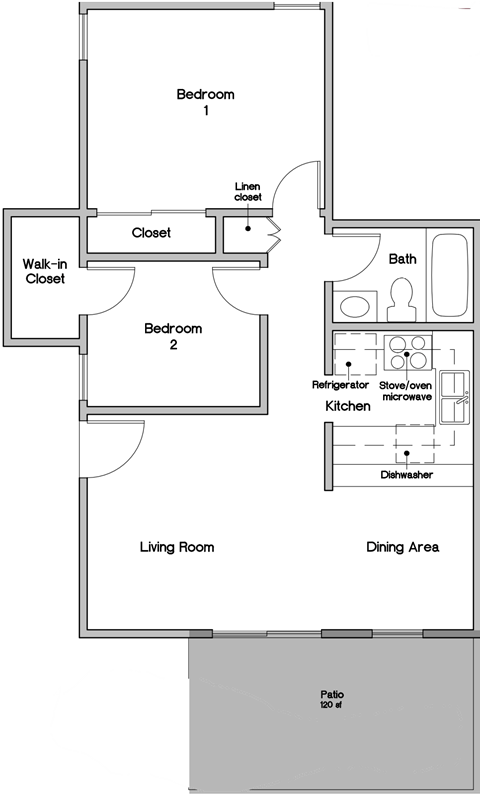 Floor plan for 2 beds, 1 bath, 639 sqft