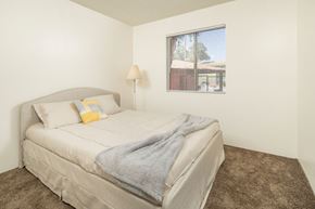 Tucson apartment for rent - A bedroom with a bed, pillows, a blanket, a lamp, and a picture of a house on the wall.