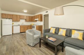 Tucson apartment for rent - A living room with a grey couch, a grey armchair, and a coffee table.