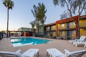 Tucson apartment for rent - A pool surrounded by lounge chairs and trees.