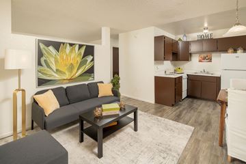 Tucson apartment for rent - A living room with a grey couch and a coffee table.