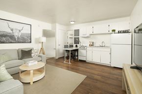 Tucson apartment for rent - A living room with a couch, a coffee table, and a kitchen area in the background.