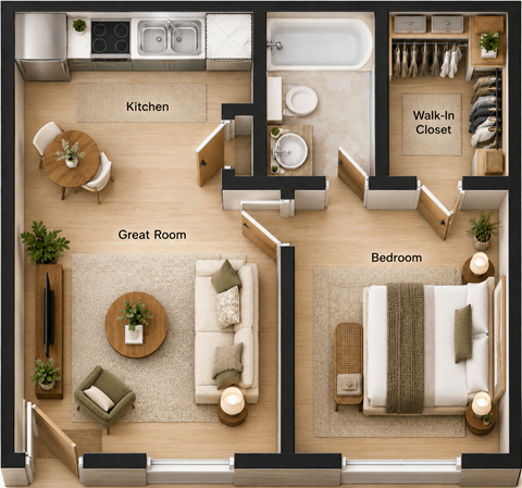 Floor plan for 1 bed, 1 bath, 420 sqft