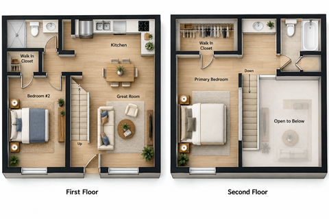 Floor plan for 2 beds, 2 baths, 675 sqft