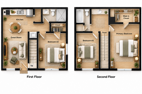 Floor plan for 3 beds, 2 baths, 750 sqft