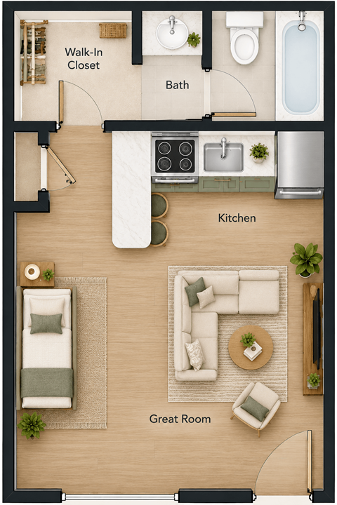 Floor plan for studio, 1 bath, 330 sqft