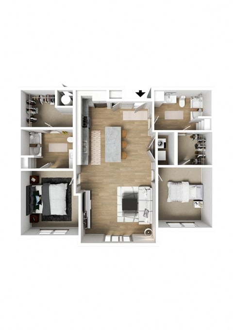 Floor plan for 2 beds, 2 baths, 1075 sqft