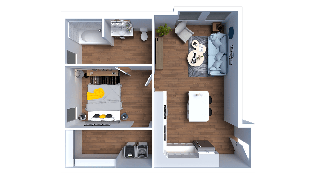 Floor plan for 1 bed, 1 bath, 609 sqft