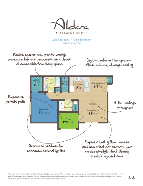 Floor plan for 1 bed, 1 bath, 868 sqft