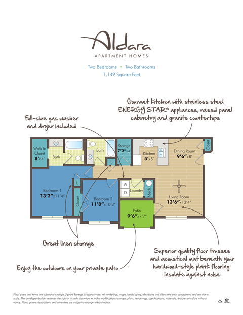 Floor plan for 2 beds, 2 baths, 1149 sqft