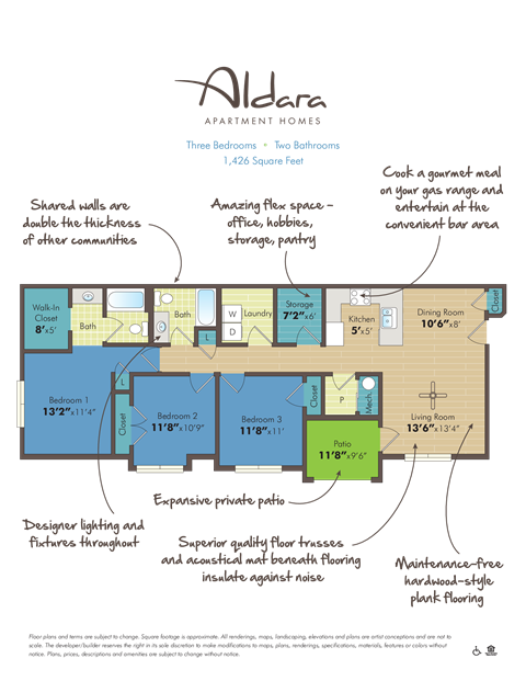 Floor plan for 3 beds, 2 baths, 1426 sqft