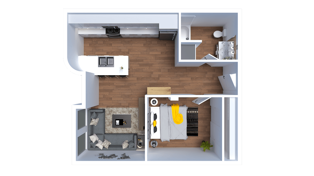 Floor plan for 1 bed, 1 bath, 580 sqft