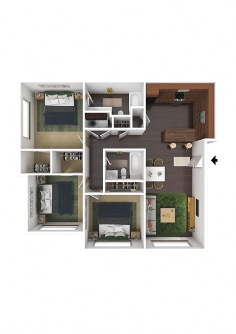 Floor plan for 3 beds, 2 baths, 1564 sqft