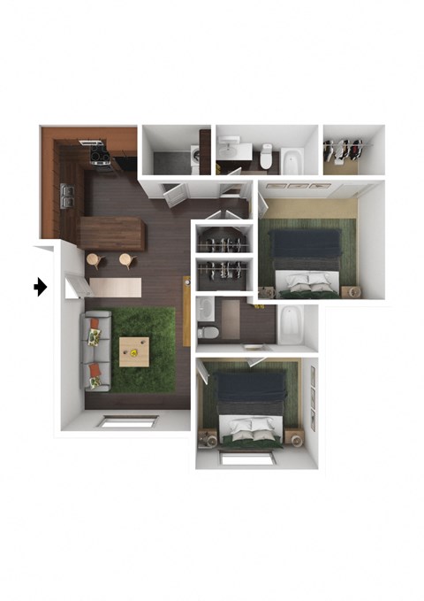 Floor plan for 2 beds, 2 baths, 1052 sqft